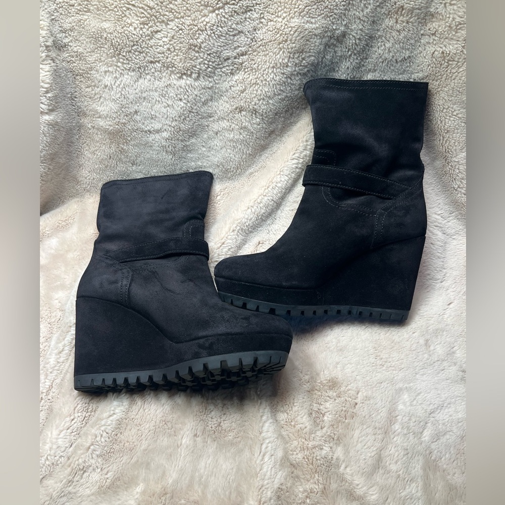 Prada Black Suede Wedge Ankle Boots - Picture 2 of 9